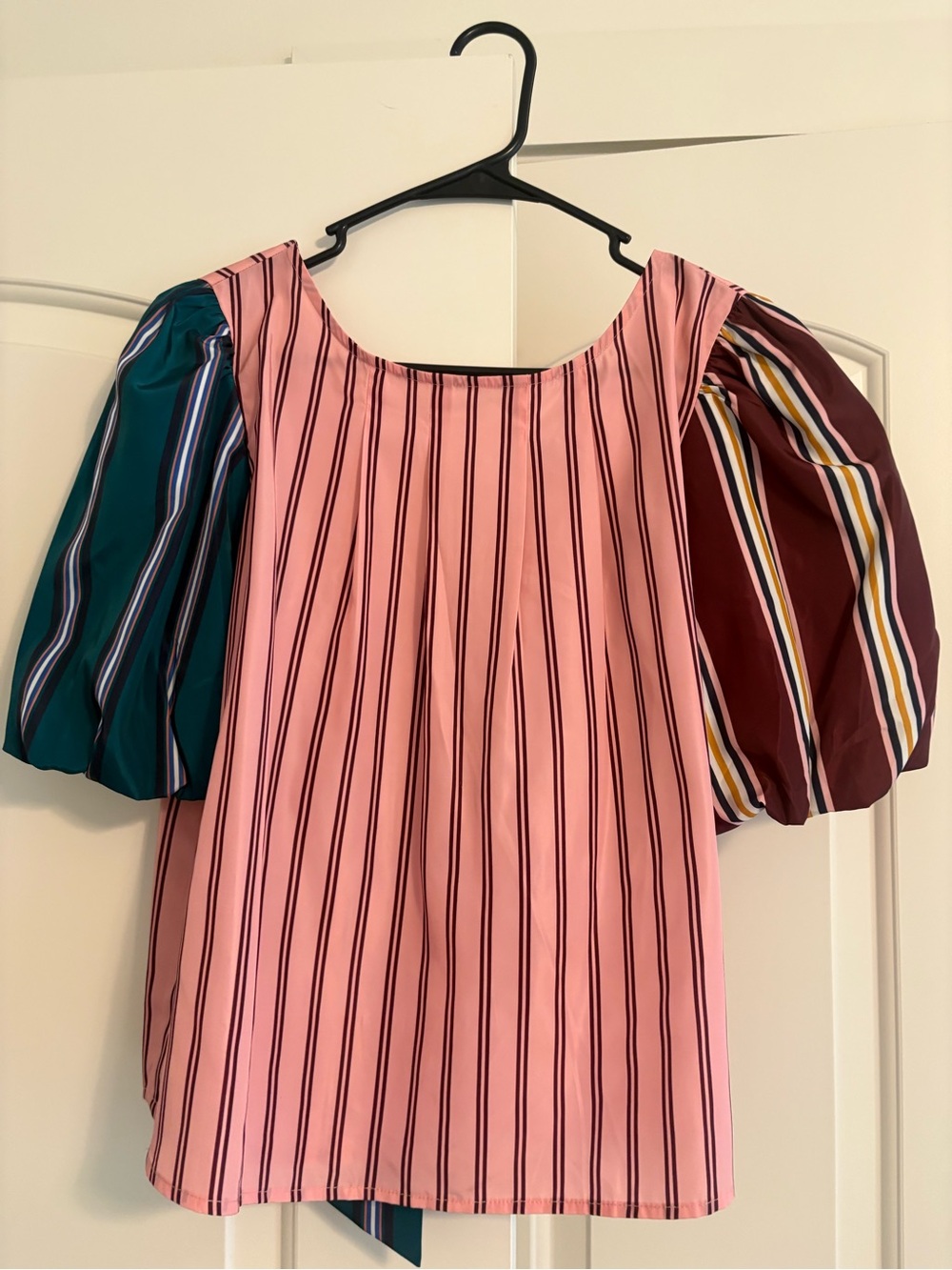 Maeve Pink Striped Puff-Sleeve Blouse with Teal and Burgundy Sleeve Panels